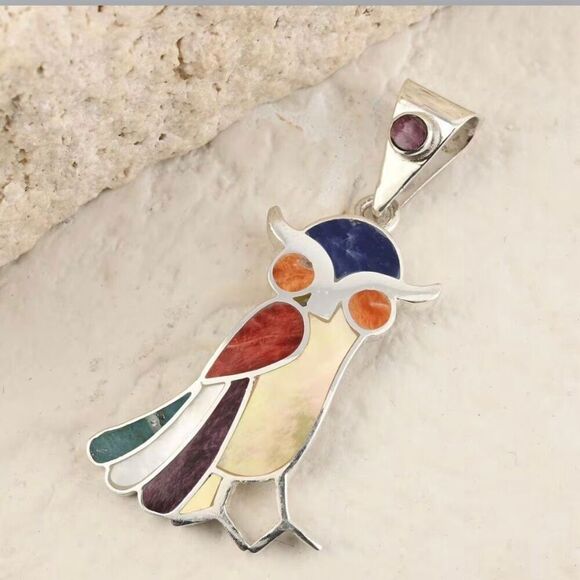 Peruvian Artistry Multi Gemstone 1.10 ctw Owl Pendant Necklace Sterling Silver - Picture 2 of 5